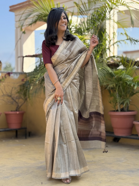 GREY HAND WOVEN TUSSAR SILK SARI