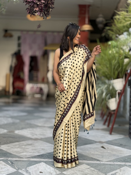 IVORY-BLACK MODAL SILK AJRAKH BLOCK PRINT SARI