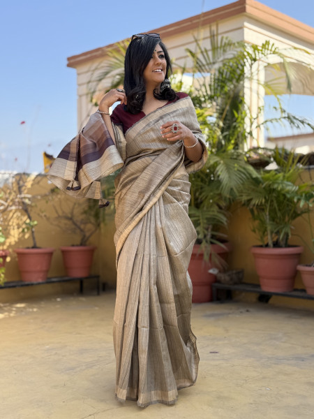 GREY HAND WOVEN TUSSAR SILK SARI