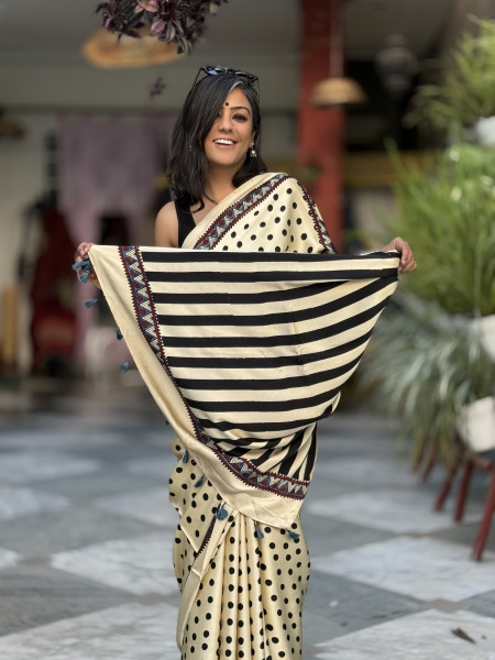 IVORY-BLACK MODAL SILK AJRAKH BLOCK PRINT SARI