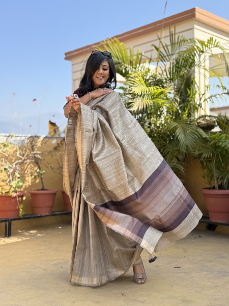 GREY HAND WOVEN TUSSAR SILK SARI