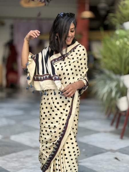 IVORY-BLACK MODAL SILK AJRAKH BLOCK PRINT SARI