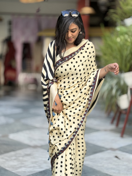 IVORY-BLACK MODAL SILK AJRAKH BLOCK PRINT SARI
