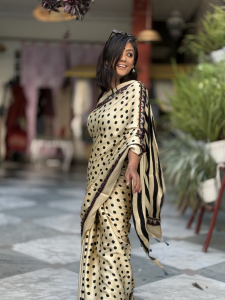 IVORY-BLACK MODAL SILK AJRAKH BLOCK PRINT SARI
