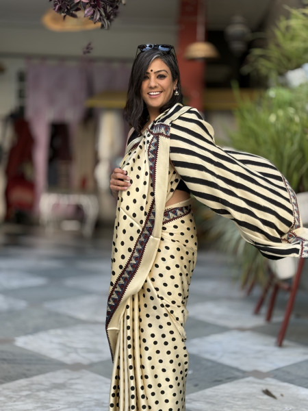 IVORY-BLACK MODAL SILK AJRAKH BLOCK PRINT SARI