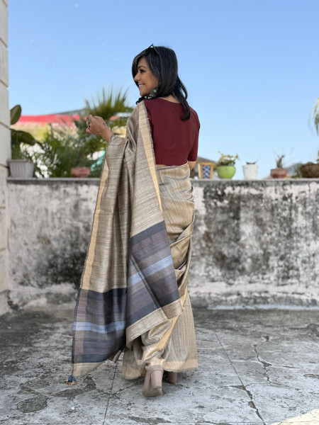 GREY HAND WOVEN TUSSAR SILK SARI