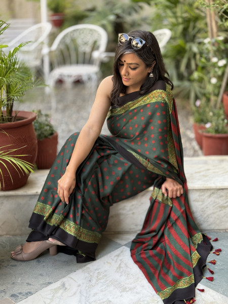 BOTTLE GREEN-MAROON MODAL SILK AJRAKH BLOCK PRINT SARI