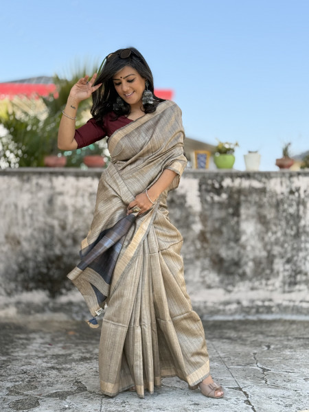 GREY HAND WOVEN TUSSAR SILK SARI