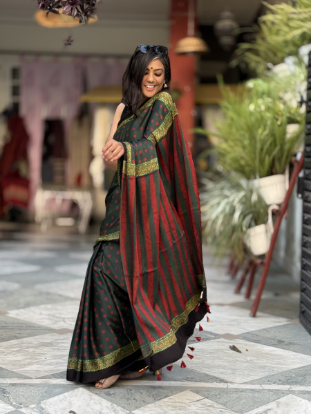 BOTTLE GREEN-MAROON MODAL SILK AJRAKH BLOCK PRINT SARI