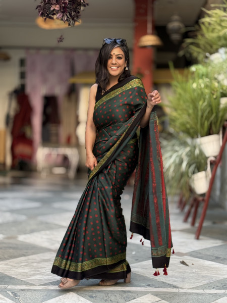BOTTLE GREEN-MAROON MODAL SILK AJRAKH BLOCK PRINT SARI