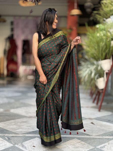 BOTTLE GREEN-MAROON MODAL SILK AJRAKH BLOCK PRINT SARI