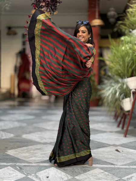 BOTTLE GREEN-MAROON MODAL SILK AJRAKH BLOCK PRINT SARI