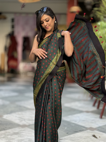 BOTTLE GREEN-MAROON MODAL SILK AJRAKH BLOCK PRINT SARI