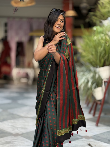 BOTTLE GREEN-MAROON MODAL SILK AJRAKH BLOCK PRINT SARI