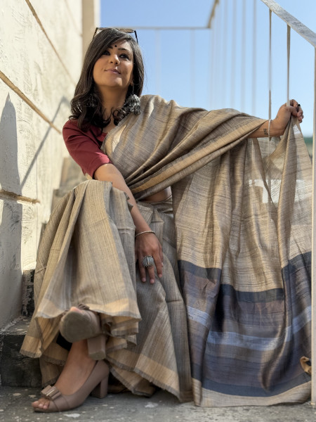 GREY HAND WOVEN TUSSAR SILK SARI
