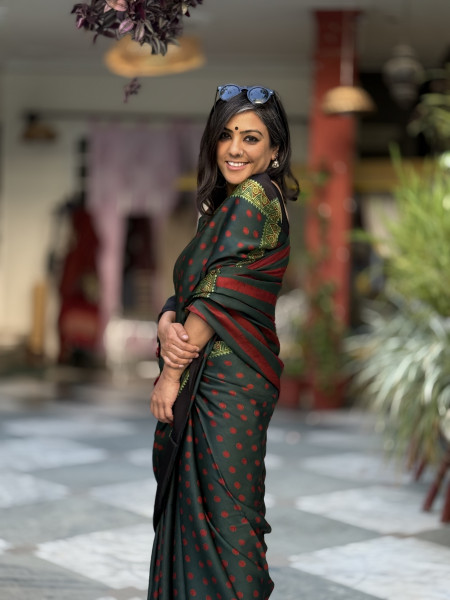 BOTTLE GREEN-MAROON MODAL SILK AJRAKH BLOCK PRINT SARI