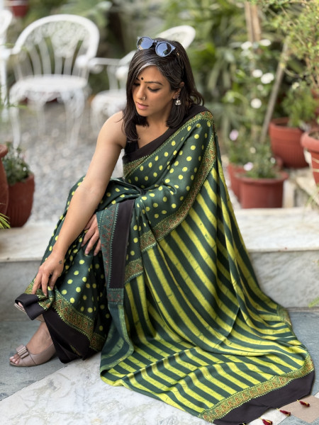 BOTTLE GREEN-YELLOW MODAL SILK AJRAKH BLOCK PRINT SARI