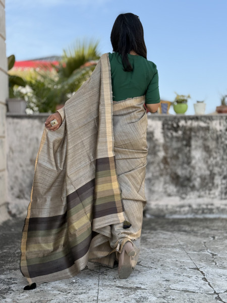 GREY HAND WOVEN TUSSAR SILK SARI