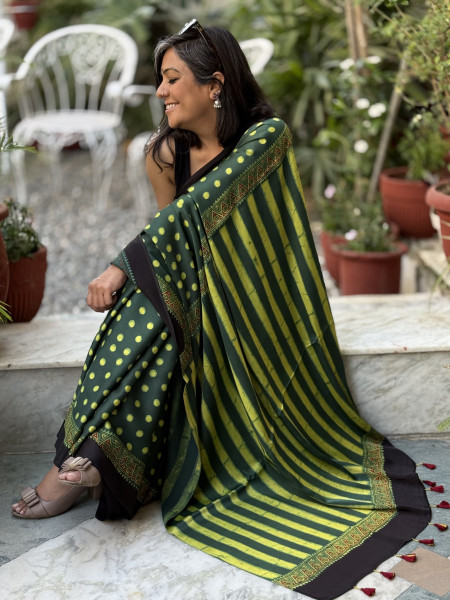 BOTTLE GREEN-YELLOW MODAL SILK AJRAKH BLOCK PRINT SARI