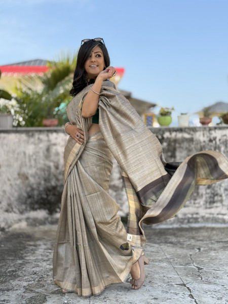 GREY HAND WOVEN TUSSAR SILK SARI