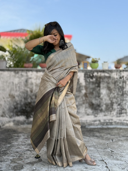 GREY HAND WOVEN TUSSAR SILK SARI