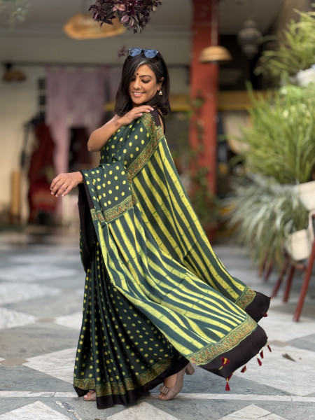 BOTTLE GREEN-YELLOW MODAL SILK AJRAKH BLOCK PRINT SARI