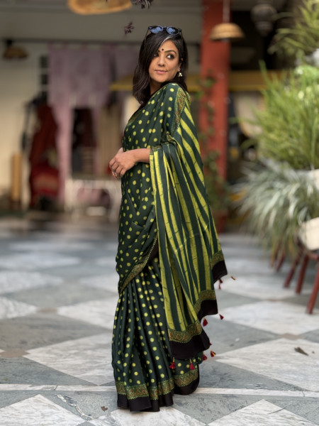 BOTTLE GREEN-YELLOW MODAL SILK AJRAKH BLOCK PRINT SARI