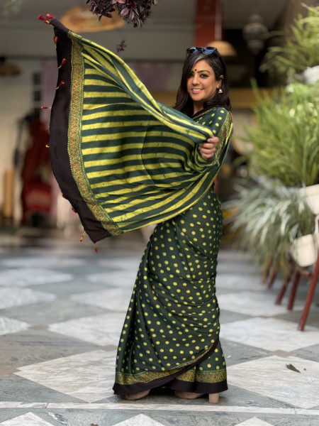 BOTTLE GREEN-YELLOW MODAL SILK AJRAKH BLOCK PRINT SARI