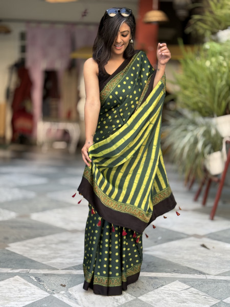 BOTTLE GREEN-YELLOW MODAL SILK AJRAKH BLOCK PRINT SARI