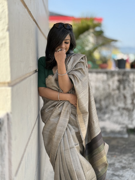 GREY HAND WOVEN TUSSAR SILK SARI