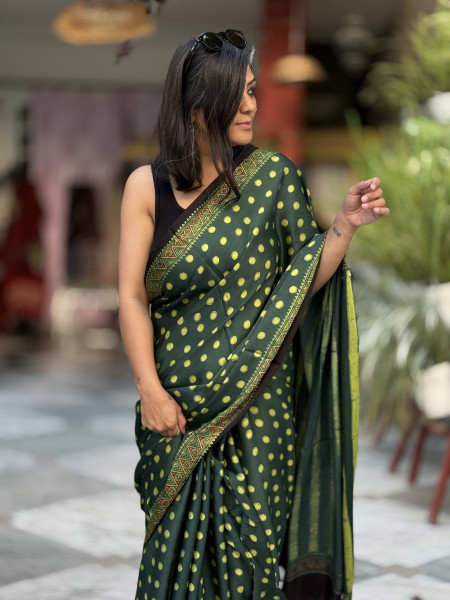 BOTTLE GREEN-YELLOW MODAL SILK AJRAKH BLOCK PRINT SARI
