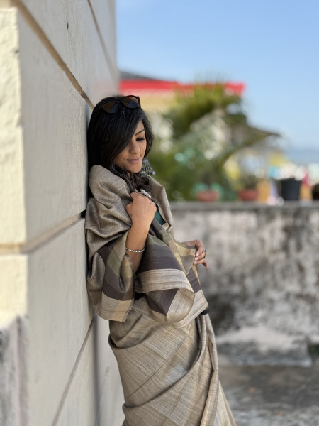 GREY HAND WOVEN TUSSAR SILK SARI