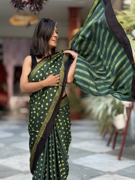 BOTTLE GREEN-YELLOW MODAL SILK AJRAKH BLOCK PRINT SARI