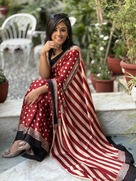 RED-OFF WHITE MODAL SILK AJRAKH BLOCK PRINT SARI