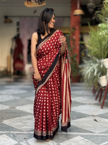 RED-OFF WHITE MODAL SILK AJRAKH BLOCK PRINT SARI