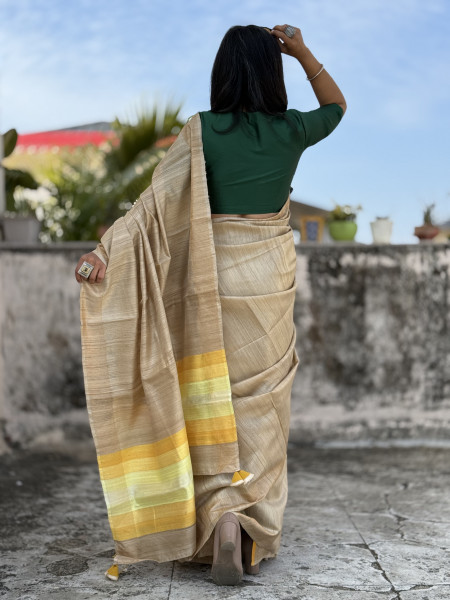 BEIGE HAND WOVEN TUSSAR SILK SARI