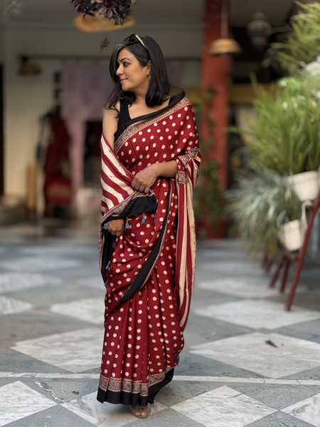 RED-OFF WHITE MODAL SILK AJRAKH BLOCK PRINT SARI