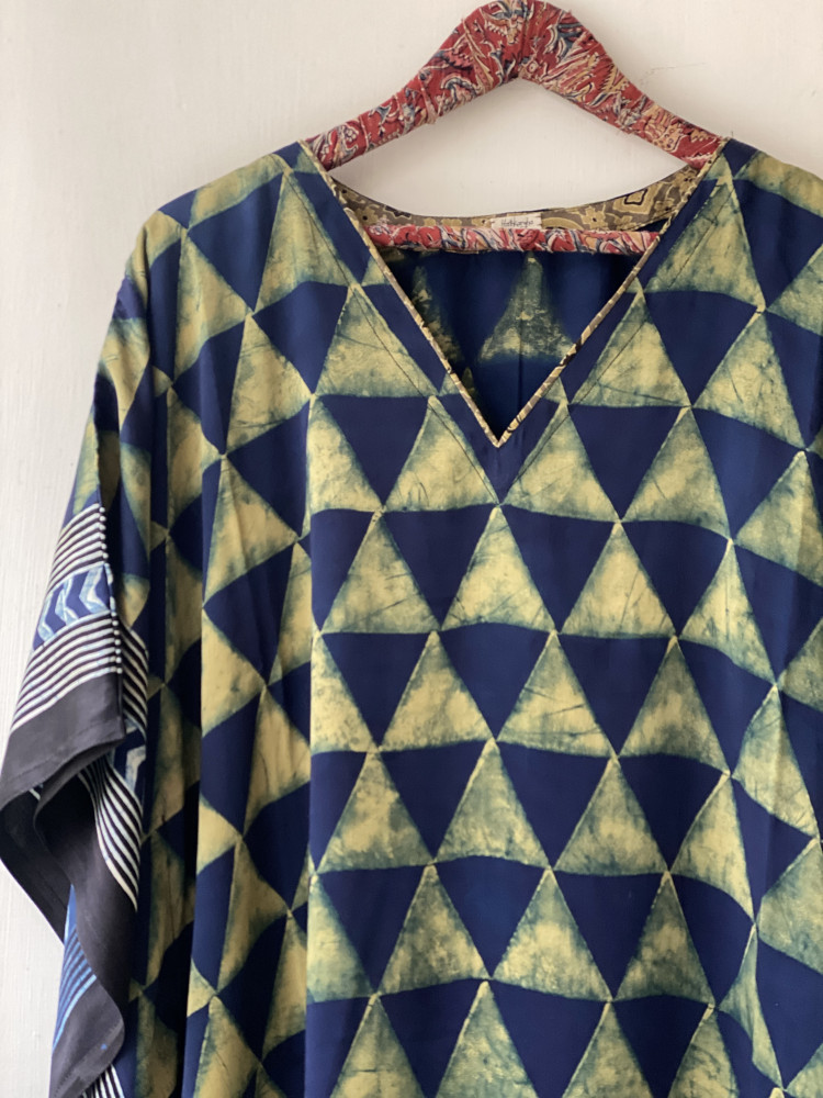 Image of INDIGO AJRAKH HAND BLOCK MODAL SILK KAFTAN
