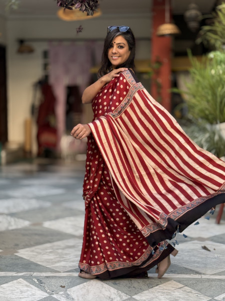 RED-OFF WHITE MODAL SILK AJRAKH BLOCK PRINT SARI