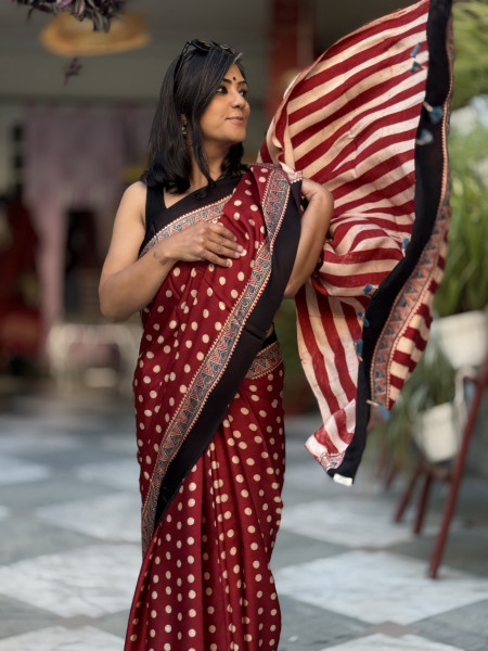 RED-OFF WHITE MODAL SILK AJRAKH BLOCK PRINT SARI