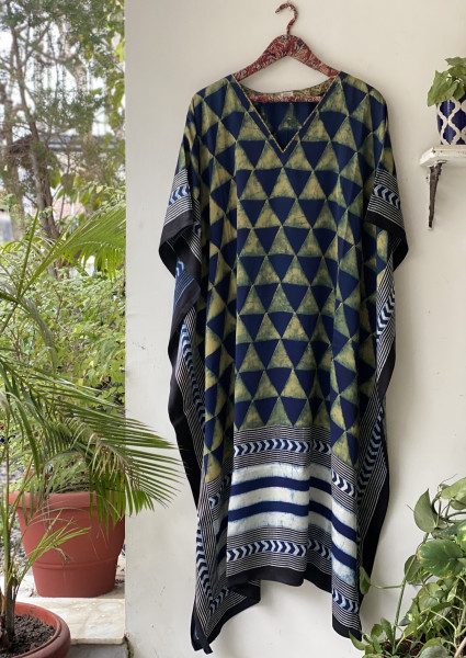 INDIGO AJRAKH HAND BLOCK MODAL SILK KAFTAN