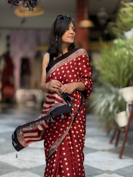 RED-OFF WHITE MODAL SILK AJRAKH BLOCK PRINT SARI