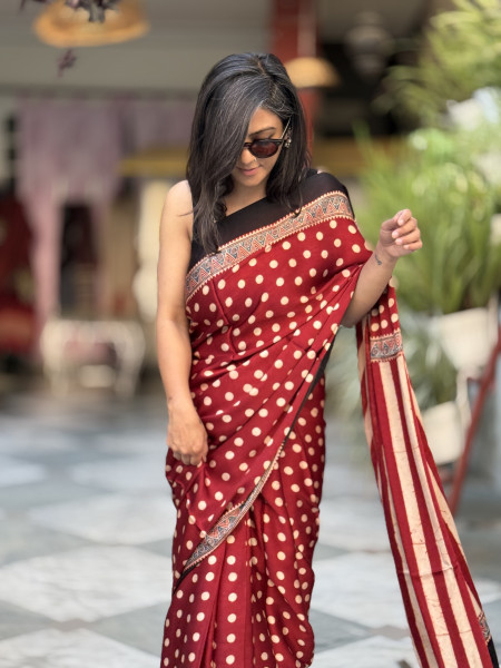 RED-OFF WHITE MODAL SILK AJRAKH BLOCK PRINT SARI