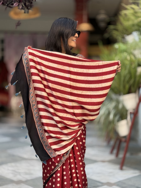 RED-OFF WHITE MODAL SILK AJRAKH BLOCK PRINT SARI