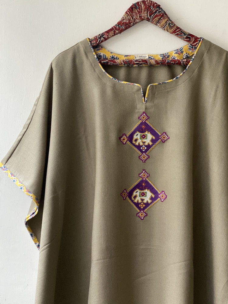 Image of BEIGE WOOLLEN EMBROIDERED KAFTAN