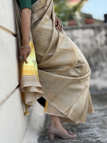 BEIGE HAND WOVEN TUSSAR SILK SARI