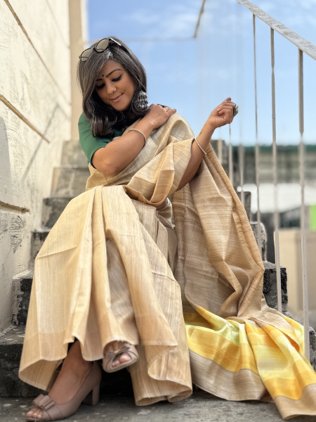 BEIGE HAND WOVEN TUSSAR SILK SARI