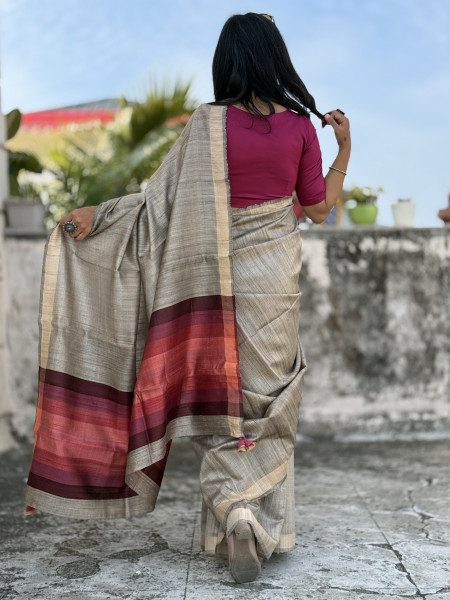 GREY HAND WOVEN TUSSAR SILK SARI