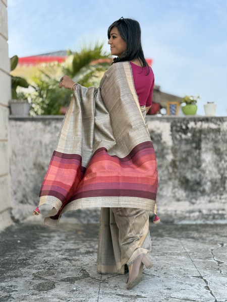 GREY HAND WOVEN TUSSAR SILK SARI