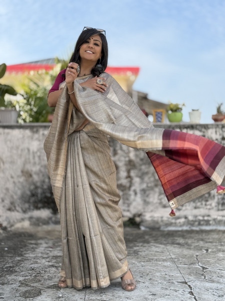 GREY HAND WOVEN TUSSAR SILK SARI